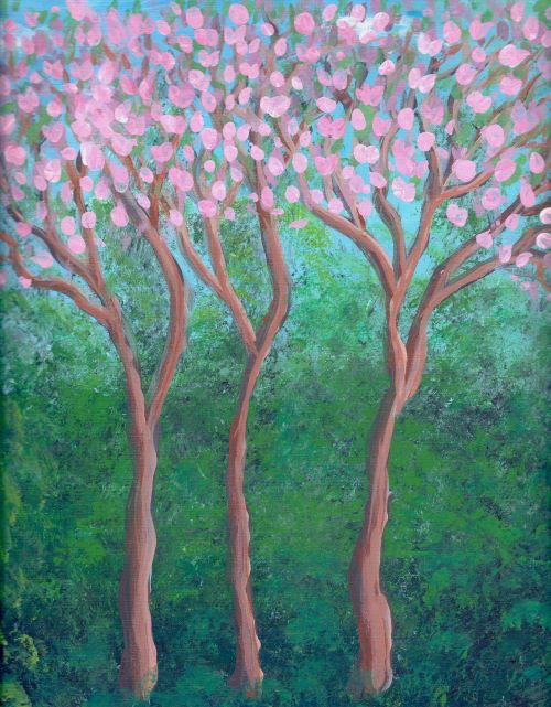 3 Good Friends - Pink Flower Trees - Finger Fluid Art By Queen Carleen