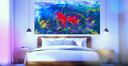 Creating in The Place of Shadows - Finger Fluid Art By Queen Carleen Patrick above bed